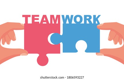 Concepto de trabajo en equipo. Símbolo de asociación y conexión. El rompecabezas mantiene en manos al hombre de negocios. Diseño de estilo plano de ilustración vectorial. Cooperación, asociación. Trabajando juntos. Metáfora de estrategia de negocios.