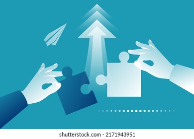 Teamwork concept. Symbol of association and connection. Puzzle hold in hands businessman. Vector illustration flat style design. Cooperation, partnership. Working together. Business strategy metaphor.