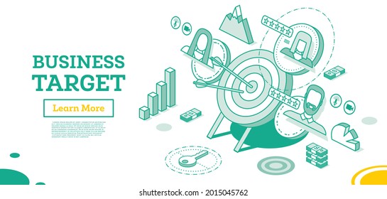 Teamwork Concept. Target with Arrow Standing on a Tripod. Outline Isometric Concept. Vector Illustration. Right Marketing Target. Symbol of Success and Victory.
