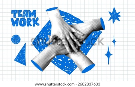 Teamwork concept. Team building. Colleagues folding their hands together. Modern collage with bunch of peoples hands. Pile of arms. Friendship and togetherness. Creative team of start up 