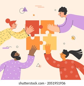 Teamwork concept, team building metaphor. People connecting puzzle elements. Business cooperation and partnership. Flat vector illustration concept, team building metaphor. People connecting puzzle el