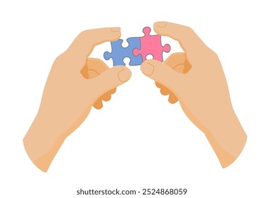 Teamwork concept. Team connecting puzzle. Symbol of Cooperation, partnership. Business strategy metaphor. Working together. Puzzle hold in hands businessman. Vector illustration flat style design. 