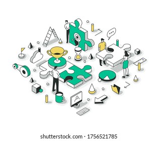 Teamwork concept with the team members connecting puzzle elements. Project management and search for solutions. Business startup isometric illustration