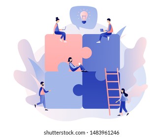 Teamwork concept. Team metaphor. People connecting puzzle elements. Modern flat cartoon style. Vector illustration