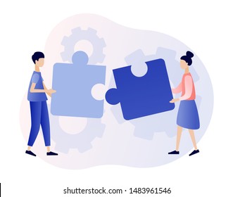 Teamwork concept. Team metaphor. People connecting puzzle elements. Modern flat cartoon style. Vector illustration