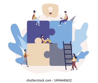 Teamwork concept. Team metaphor. People connecting puzzle elements. Flat cartoon style. Vector illustration