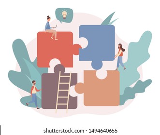 Teamwork concept. Team metaphor. People connecting puzzle elements. Flat cartoon style. Vector illustration