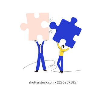Teamwork concept. Team, partnership metaphor. People connecting puzzle elements. Group of people trying to find a solution together. Successful job interview. New employee in the company