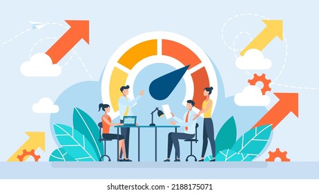 Teamwork concept. Team work in the office. A successful result is on the scale. Colleagues gather in boardroom brainstorm discuss financial statistics together. Working at meeting. Vector illustration