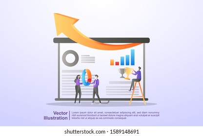 Teamwork concept. The team works together to grow the business. Look for ways to increase income. Build a solid team.. Can use for web landing page, banner, flyer, mobile app. Vector Illustration