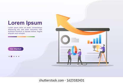 Teamwork concept. The team works together to grow the business. Look for ways to increase income. Build a solid team. Can use for web landing page, banner, flyer, mobile app. Vector Illustration