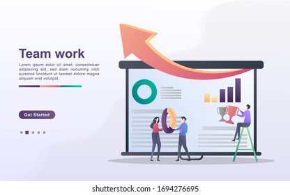 Teamwork concept. The team works together to grow the business. Looking for ways to increase income. Build a solid team. Can use for web landing page, banner, flyer, mobile app. Vector Illustration
