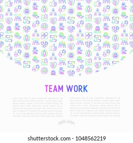 Teamwork concept with thin line icons: group of people, mutual assistance, meeting, handshake, tug-of-war, cooperation, puzzle, team spirit, cooperation. Vector illustration for banner, print media.
