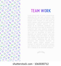 Teamwork concept with thin line icons: group of people, mutual assistance, meeting, handshake, tug-of-war, cooperation, puzzle, team spirit, cooperation. Vector illustration for banner, print media.