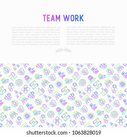 Teamwork concept with thin line icons: group of people, mutual assistance, meeting, handshake, tug-of-war, cooperation, puzzle, team spirit, cooperation. Modern vector illustration for print media.
