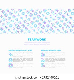 Teamwork-Konzept mit Symbolen für dünne Linien: Relaisrennen, Brainstorm, Erfolg, Treffen, Ideen teilen, Zusammenarbeit, gemeinsames Projekt, Einheit, Unterstützung, Delegation, Bonus. Moderne Vektorgrafik.