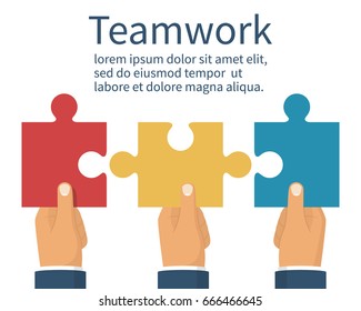 Teamwork concept. Three businessman holds puzzles in hand. Business metaphor abstract background. Pieces together partnership. Vector illustration flat style. Working together cooperation, combining.