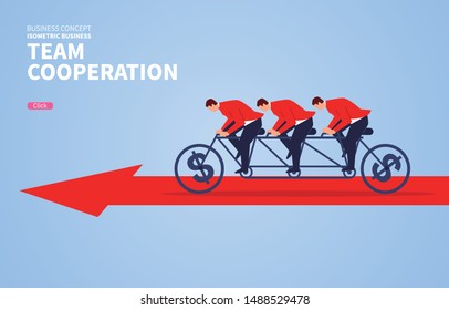 Teamwork concept, three businessmen riding bicycles