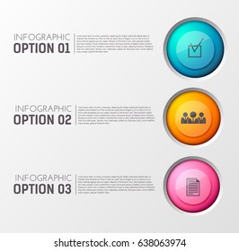 Teamwork concept with three options illustrated with round images of tridimensional social icons and text description vector illustration