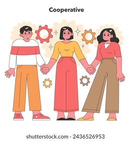 Teamwork-Konzept. Drei Menschen schließen sich vereint die Hände und symbolisieren Zusammenarbeit und gegenseitige Unterstützung inmitten von Zahnradmotiven. Partnerschaft und Gemeinschaftsgeist. Vektorgrafik