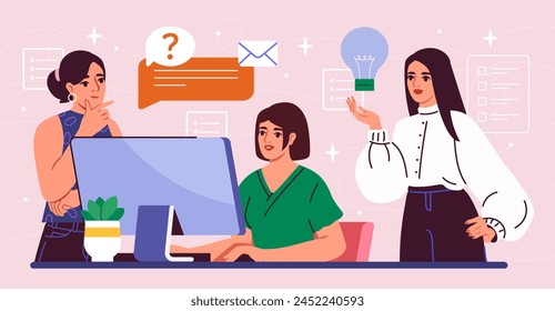 Teamwork-Konzept mit drei hübschen Frauen, die nachdenklich auf den Bildschirm starren. Weibliche Figuren umgeben von E-Mail-Symbolen, Glühbirne, Fragezeichen und Sprechblasen. flache Vektorillustration