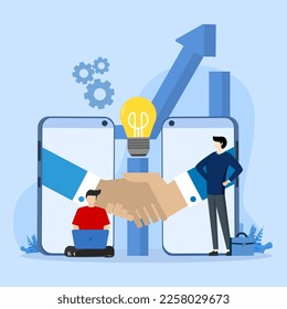 Teamwork concept through digital technology, Handshake to accept business investment proposal, Partnership and business collaboration, Banner website background
