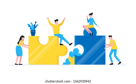 Teamwork concept with tiny people characters working together with big jigsaw puzzle pieces. Teamwork and time management concept flat style design vector illustration isolated white background.