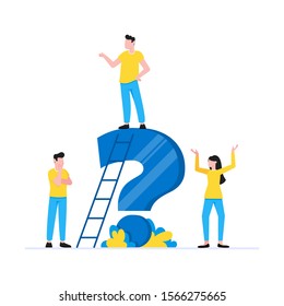 Teamwork concept with tiny people characters working together with big question mark, frequently asked questions concept. Teamwork and time management concept flat style design vector illustration.
