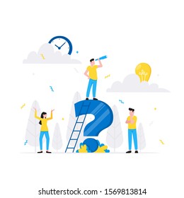Teamwork concept with tiny people characters working together with big question mark, frequently asked questions concept. Teamwork and time management concept flat style design vector illustration.