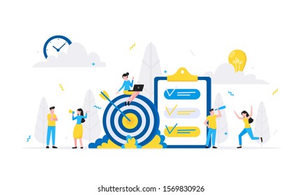 Teamwork concept with tiny people characters working together with big target and tiny people characters. Teamwork and time management concept flat style design vector illustration isolated white.