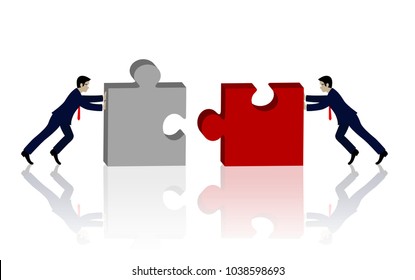 Teamwork concept. Two businessman connecting jigsaw grey and red puzzle pieces. Business concept vector illustration. cartoon. EPS10