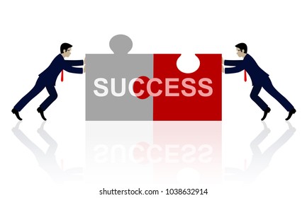 Teamwork concept. Two businessman connecting jigsaw grey and red puzzle pieces with text SUCCESS. Business concept vector illustration. cartoon. EPS10