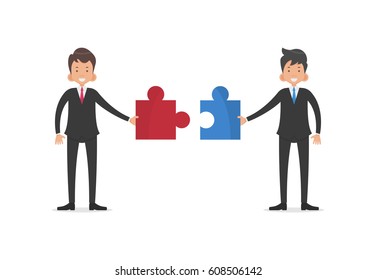 Teamwork concept, Two businessman holding jigsaw puzzle pieces together, Symbol of working together, Symbol of partnership, Vector illustration flat design style and isolated on white background