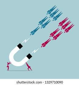 Teamwork concept. Two businessman lifted the magnet.
