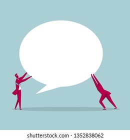 Teamwork concept. Two businessman lifted the speech bubble.	Isolated on blue background.