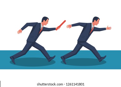 Teamwork concept. Two businessman passed from hand to hand relay baton. Vector illustration flat style design. Cooperation, partnership. Symbol of working together. Business metaphor. Running people.