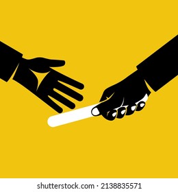 Teamwork concept. Two businessman passed from hand to hand relay baton. Vector illustration flat style design. Cooperation, partnership. Symbol of working together. Business metaphor. Collaboration.