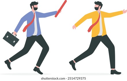 Teamwork concept. Two businessman passed from hand to hand relay baton. Cooperation, partnership. Symbol of working together. Business metaphor. Running people.


