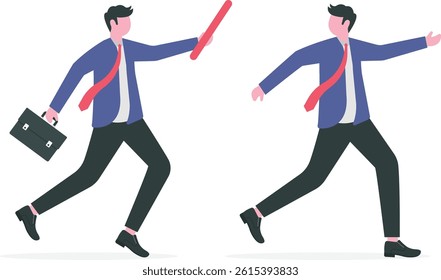 Teamwork concept. Two businessman passed from hand to hand relay baton. Cooperation, partnership. Symbol of working together. Business metaphor. Running people.


