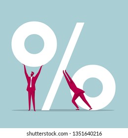 Teamwork concept. Two businessmen combine the percent symbol. Isolated on blue background.