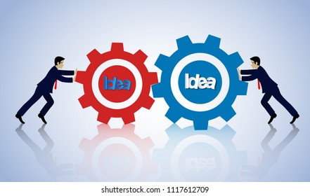 Teamwork concept. two businessmen cooperation push the gear together. business finance success. Vector illustration