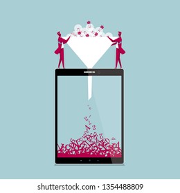 Teamwork concept. Two businessmen hold up the funnel on the tablet. Isolated on blue background.