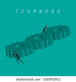 Teamwork concept. Two businessmen push the gears. Collaboration concept. Vector flat design. Isolated on background. Business people work together to achieve goal. Illustration