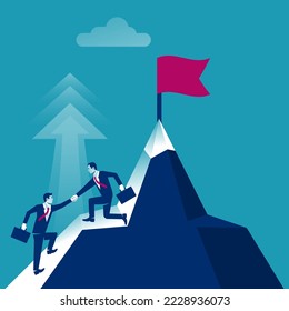 Teamwork concept. Two businessmen together rise on mountain with flag. Give help hand. Collaboration concept. Vector flat design. Isolated on background. Business people work together to achieve goal