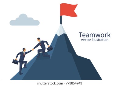 Teamwork concept. Two businessmen together rise on mountain with flag. Give help hand. Collaboration concept. Vector flat design. Isolated on background. Business people work together to achieve goal