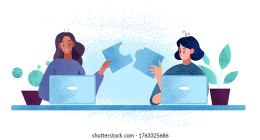 Teamwork Concept With Two Girls Solving Tasks Together, Laptops, Puzzle Elements. Vector Illustration With Young Black And Caucasian Freelancers Working Together. Collaboration Banner In Flat Style