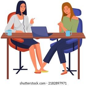 Teamwork concept with two girls solving tasks together, sitting at table with laptop. Female characters freelancers working together. Collaboration employees talking, discussing work with computer