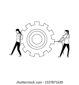 teamwork concept of two women with big wheel over white background, vector illustration