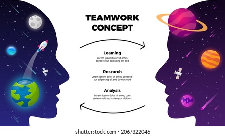 Teamwork concept. Universe background. Startup vector Infographic. Business communication. Rocket launch into space. Human head. Education presentation slide template.