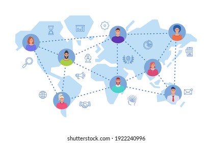 Teamwork concept. User icons connected by lines. World map on the background. Business icons set. Vector.
